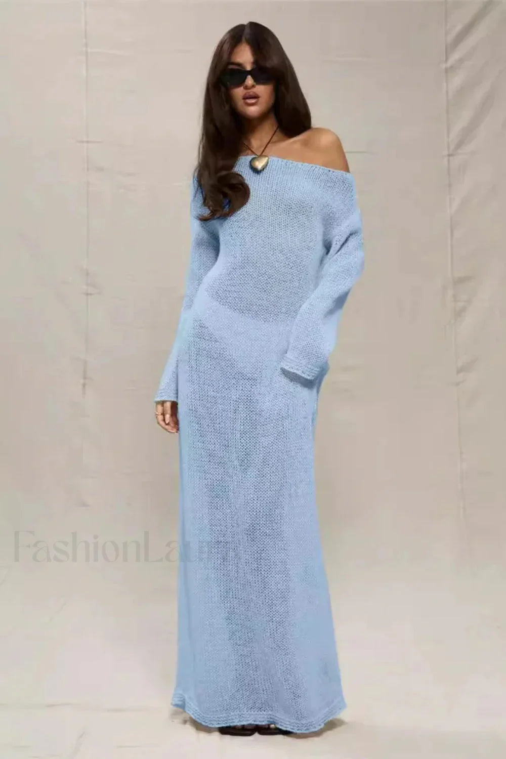 Round Neck Off-Shoulder Hollow Knitted Bodycon Maxi Dress