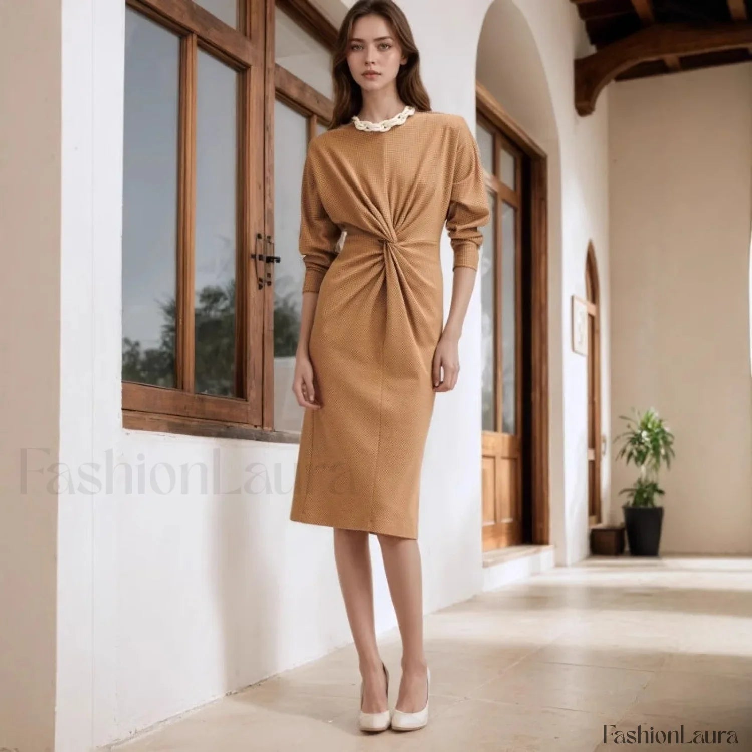 Round Neck Waist Twist Slim Fit Midi Maxi Dress