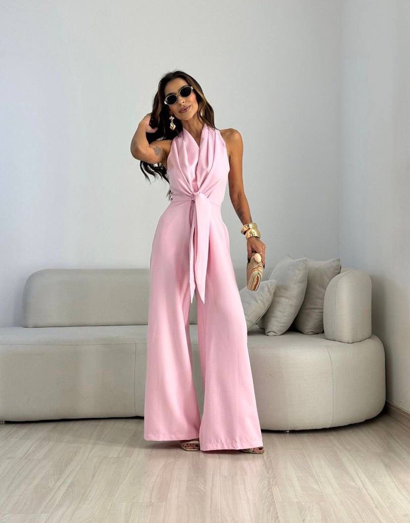 Halter Neck Tie Front Wide Leg Jumpsuit