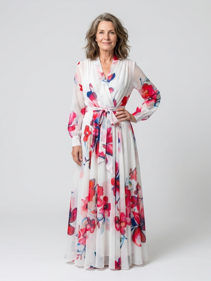 Floral Long Sleeve Wrap Belted Maxi Dress