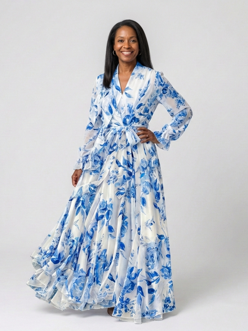 Floral Long Sleeve Wrap Belted Maxi Dress