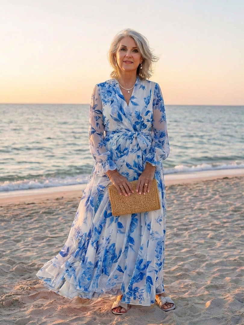 Floral Long Sleeve Wrap Belted Maxi Dress