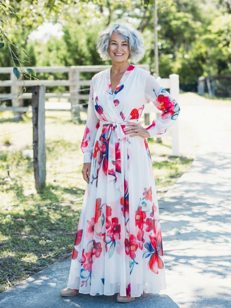 Floral Long Sleeve Wrap Belted Maxi Dress