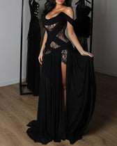 Off Shoulder Lace Corset High Split Maxi Dress 3