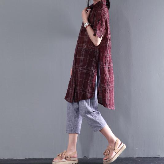 ruby red linen sundress short sleeve plaid causal summer dress shirt