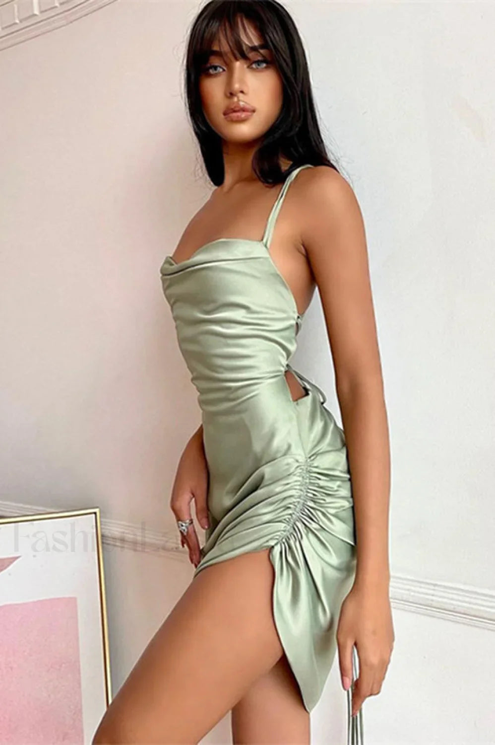 Ruched Backless Stylish Satin Mini Dress