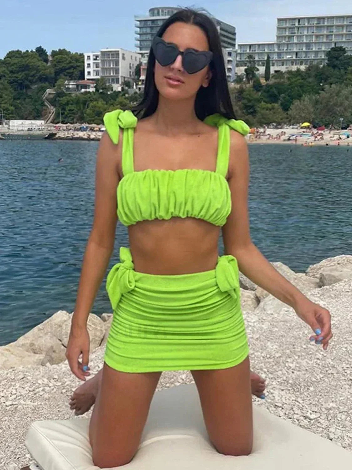Ruched Crop Top Skirt Two Piece Set Green / S