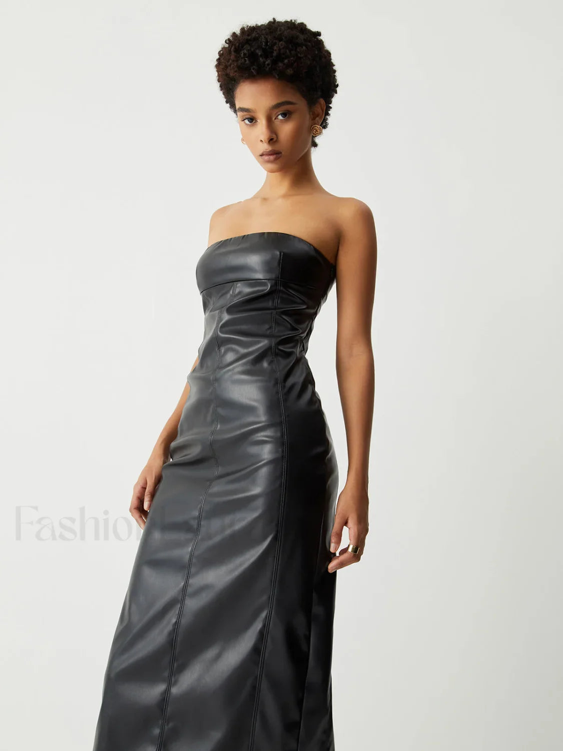 Ruched Faux Leather Trendy Tube Midi Dress