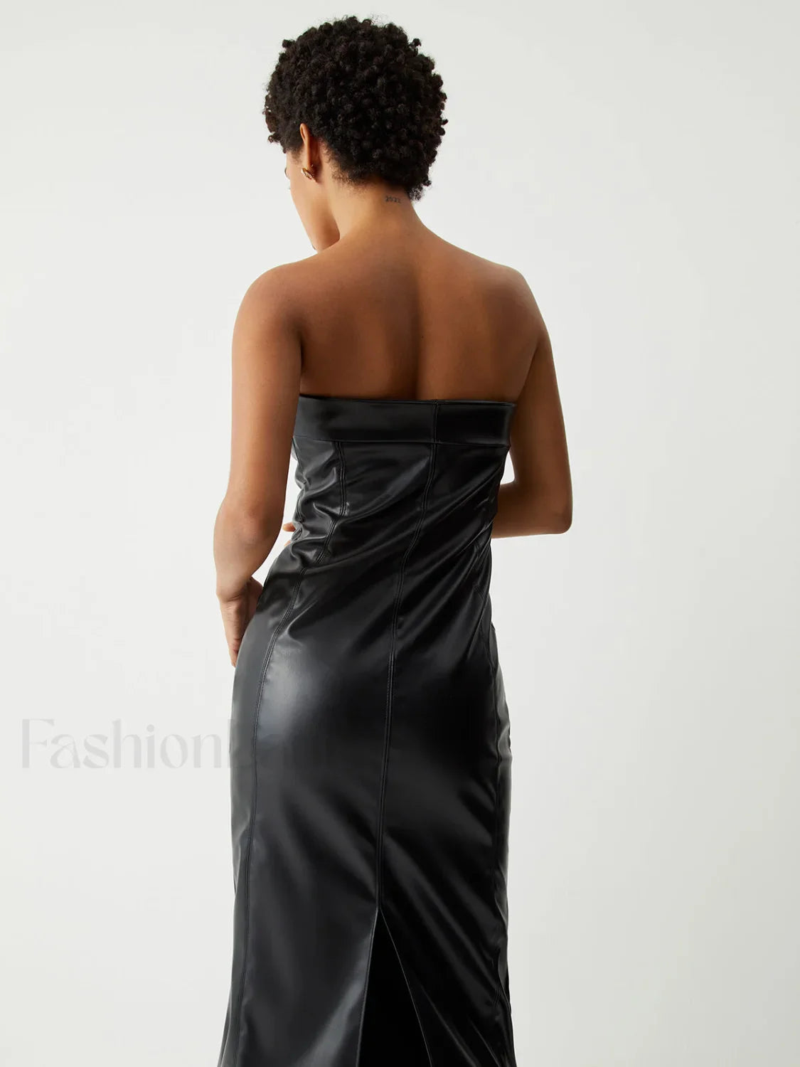 Ruched Faux Leather Trendy Tube Midi Dress