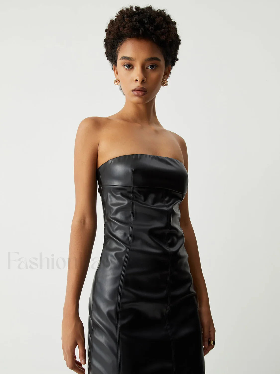 Ruched Faux Leather Trendy Tube Midi Dress