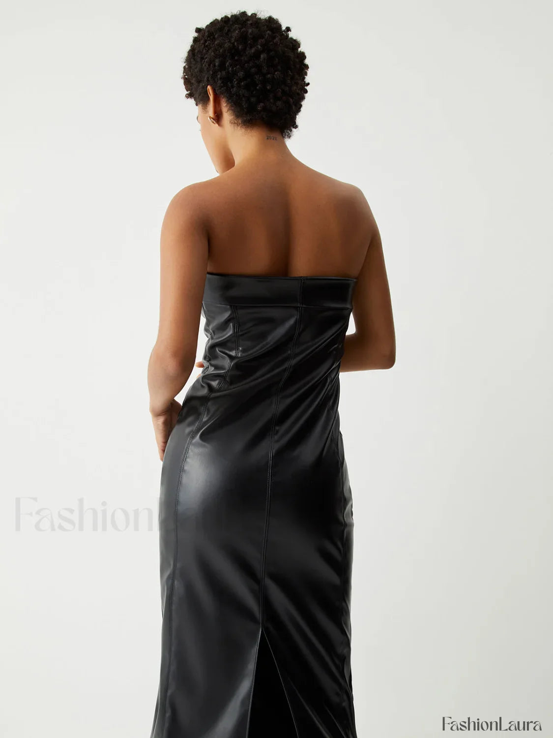 Ruched Faux Leather Trendy Tube Midi Dress