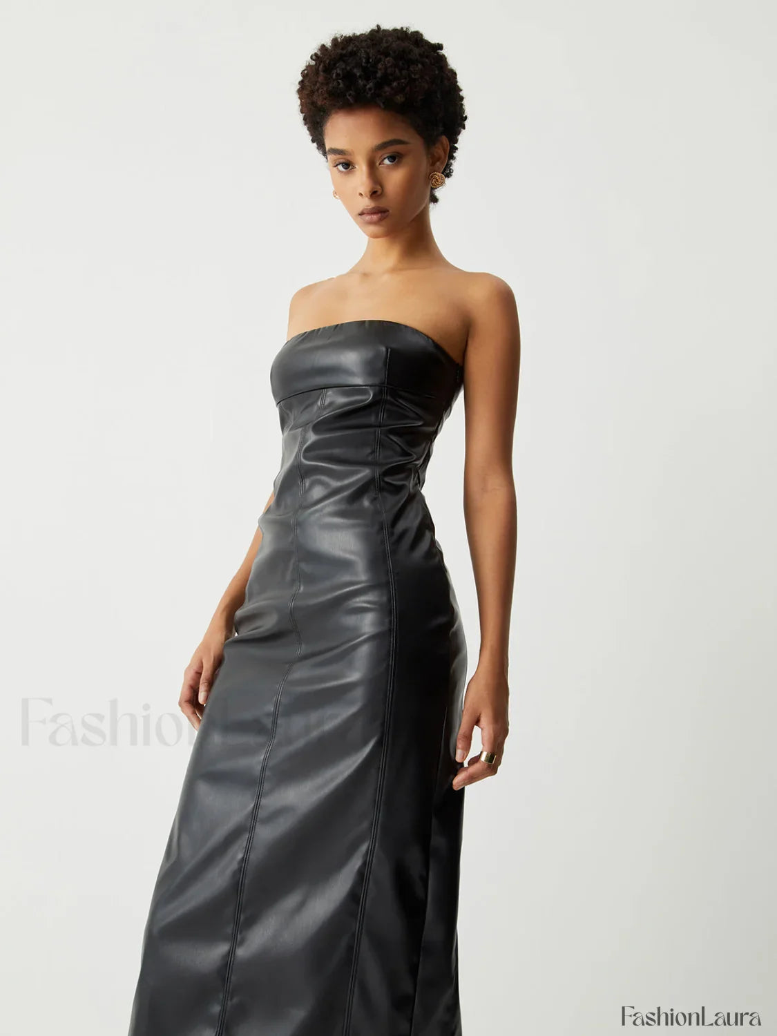 Ruched Faux Leather Trendy Tube Midi Dress