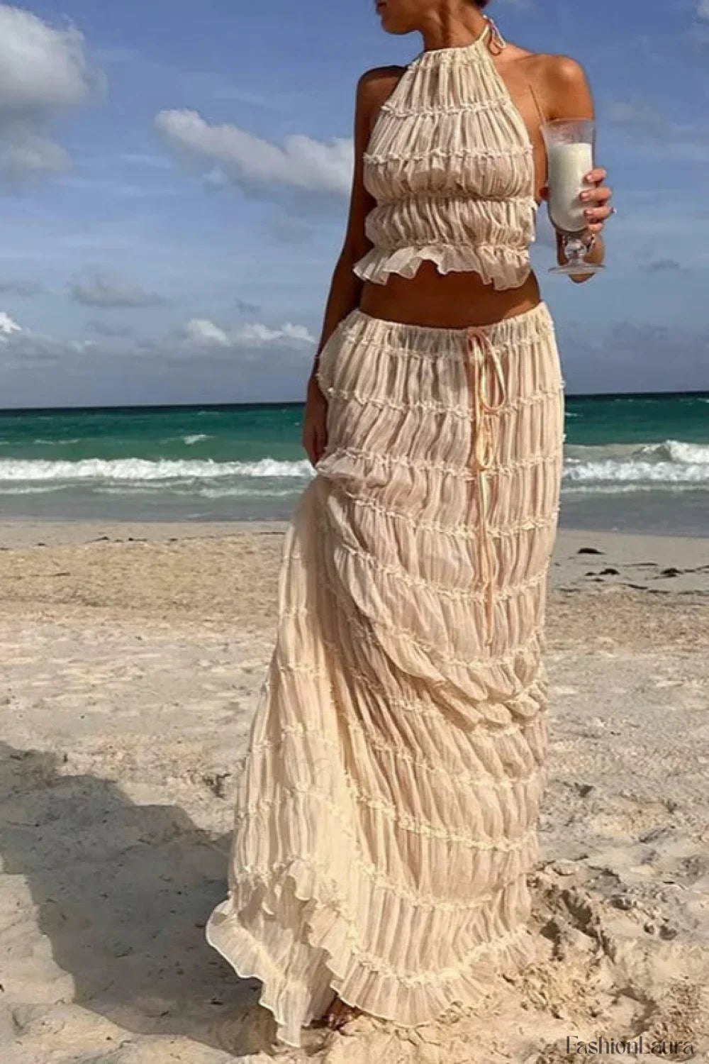 Ruched Halter Cami & Maxi Skirt Boho Dress