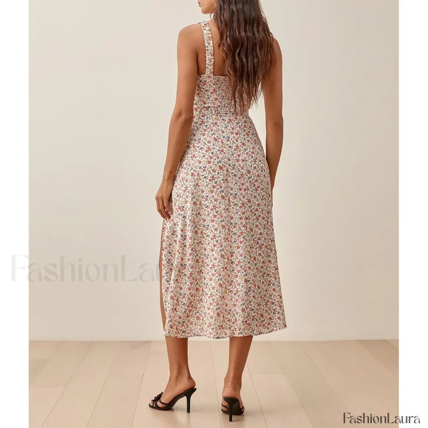 Ruched High-Slit Floral Midi Dress
