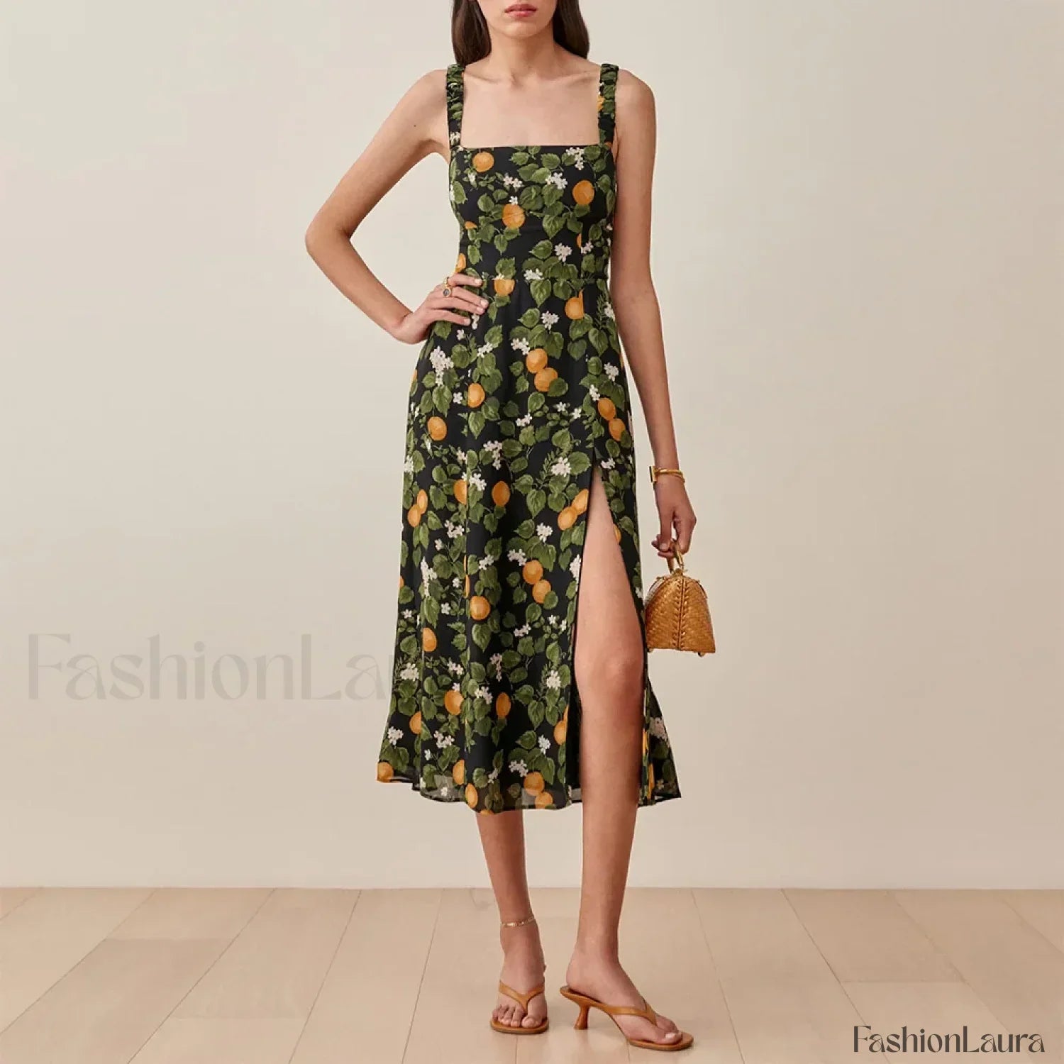 Ruched High-Slit Floral Midi Dress