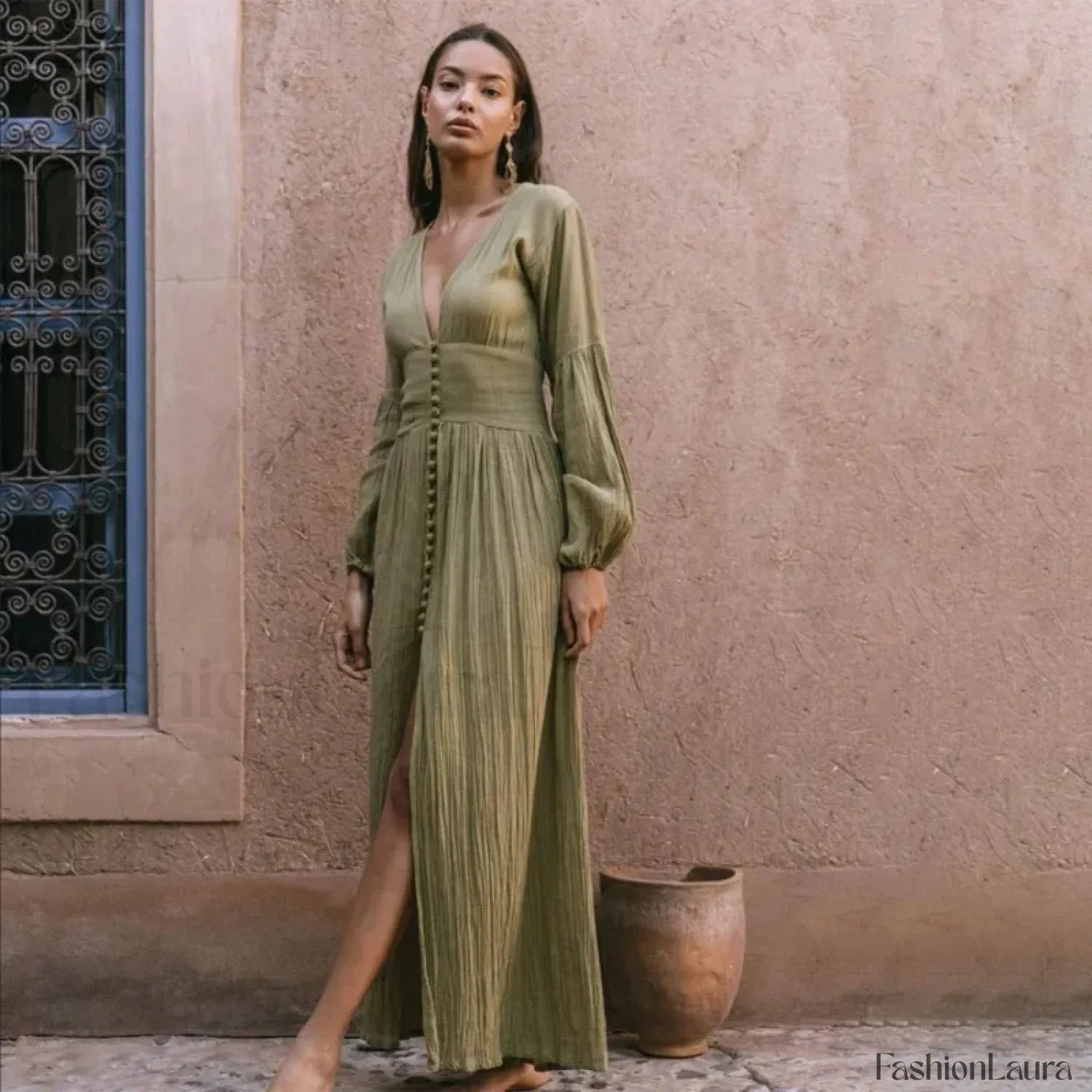 Ruched High-Waist Boho Dress