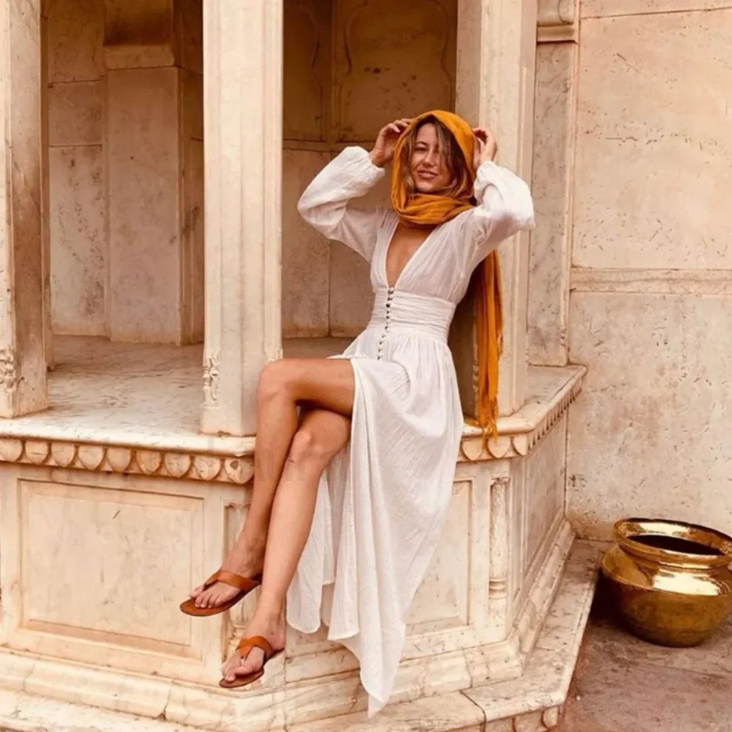 Ruched High-Waist Boho Dress