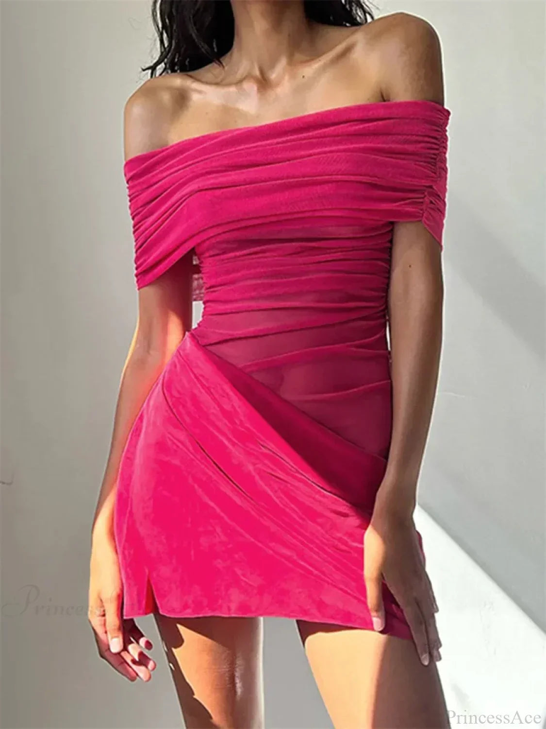 Off Shoulder Ruched Mesh Fold Over Split Hem Mini Dress