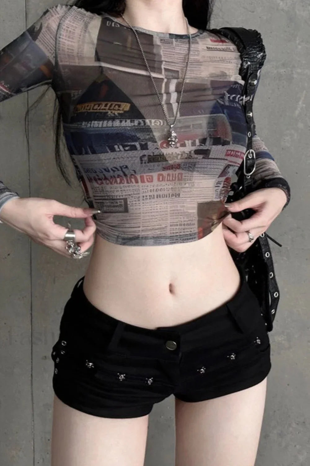 Ruched Mesh Vintage T-Shirt Black / S