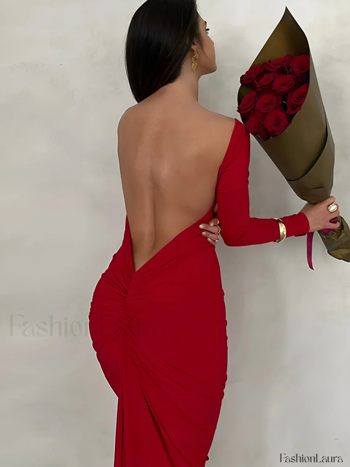 Ruched Open Back Trendy Long Sleeve Maxi Dress