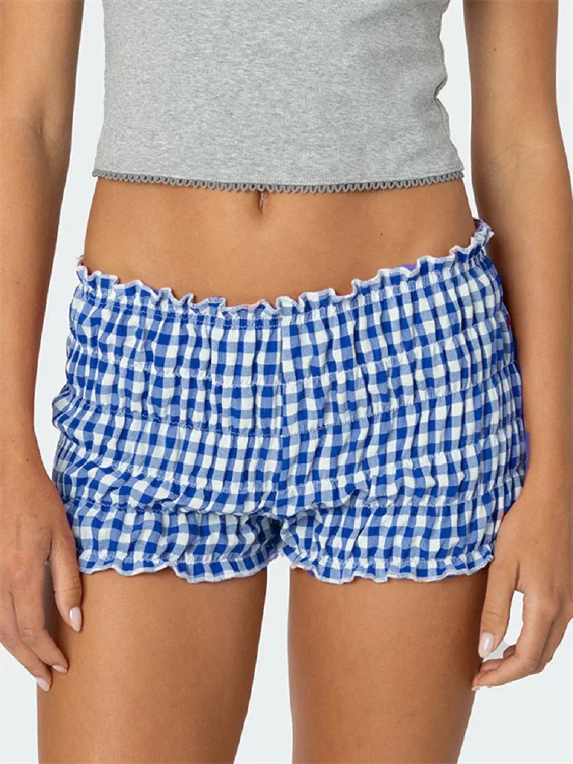 Ruched Plaid Print Slim Fit Low Waist Casual Summer Short