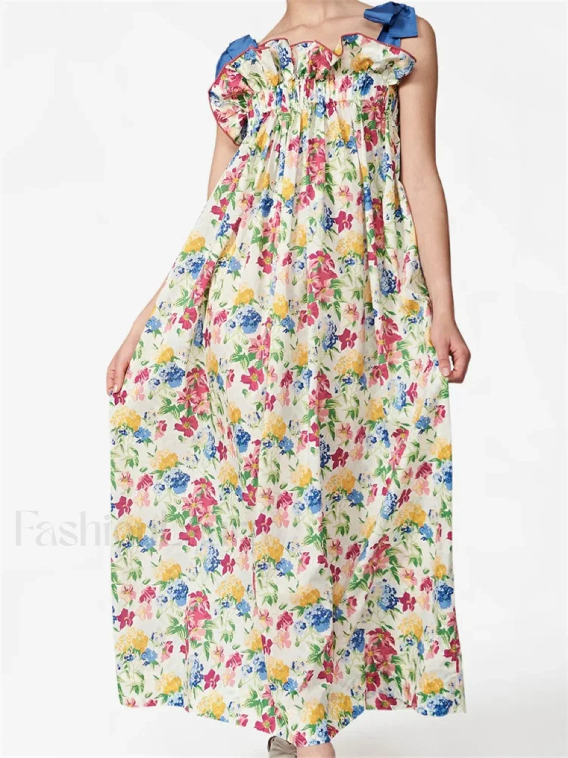 Ruched Ruffle Tie Strap Maxi Dress