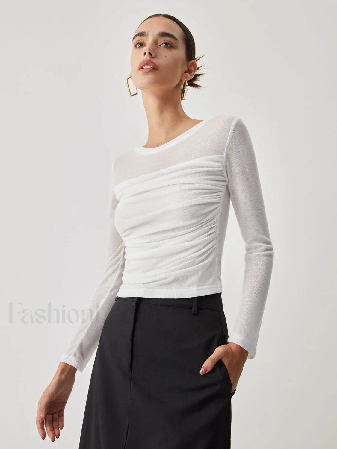 Ruched Semi Sheer Graceful Long Sleeve Shirt Off White / S T Shirts