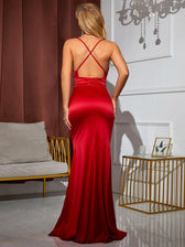 Ruched V Neck Backless Split Thigh Satin Dress - View 2