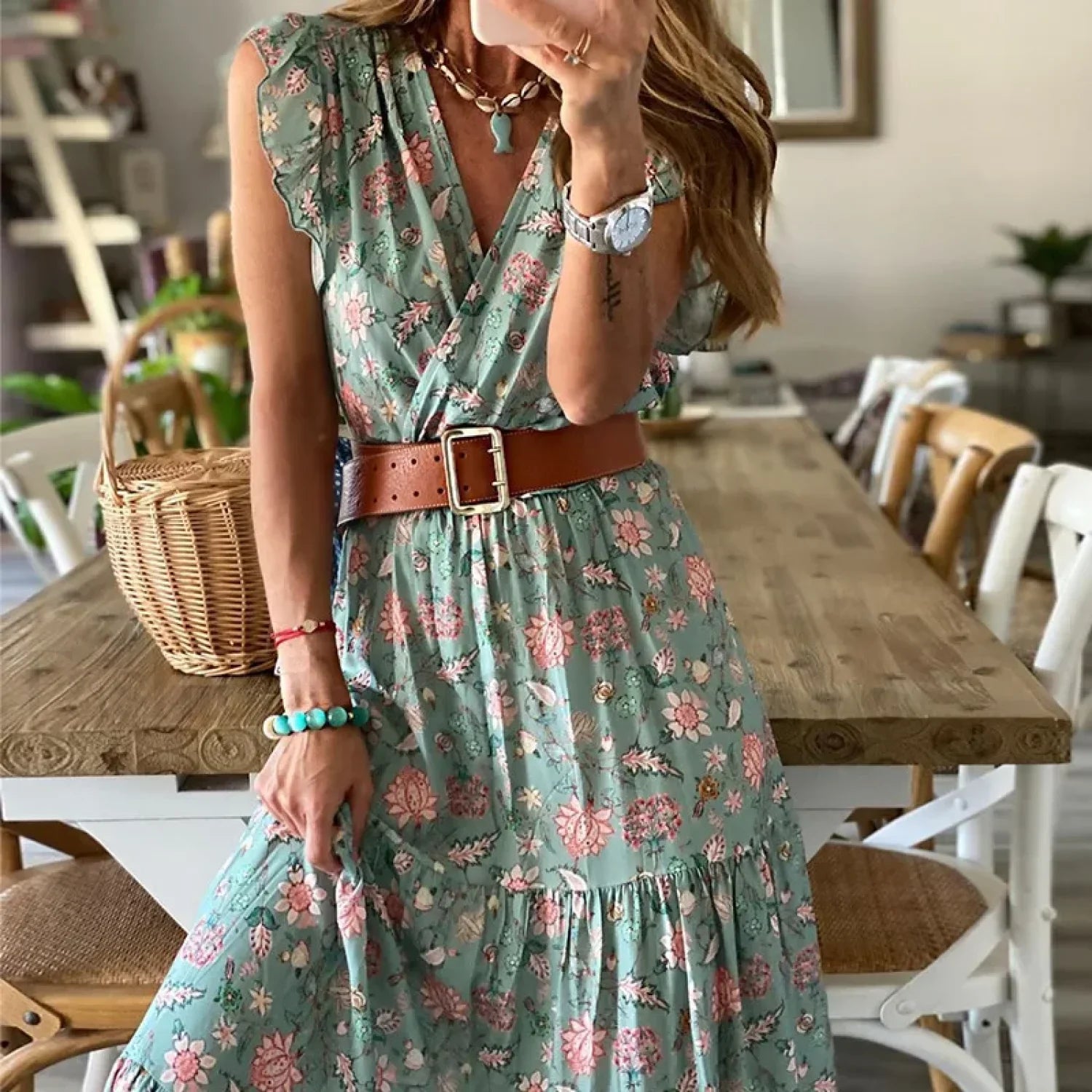 Ruffle Empire-Waist Boho Dress