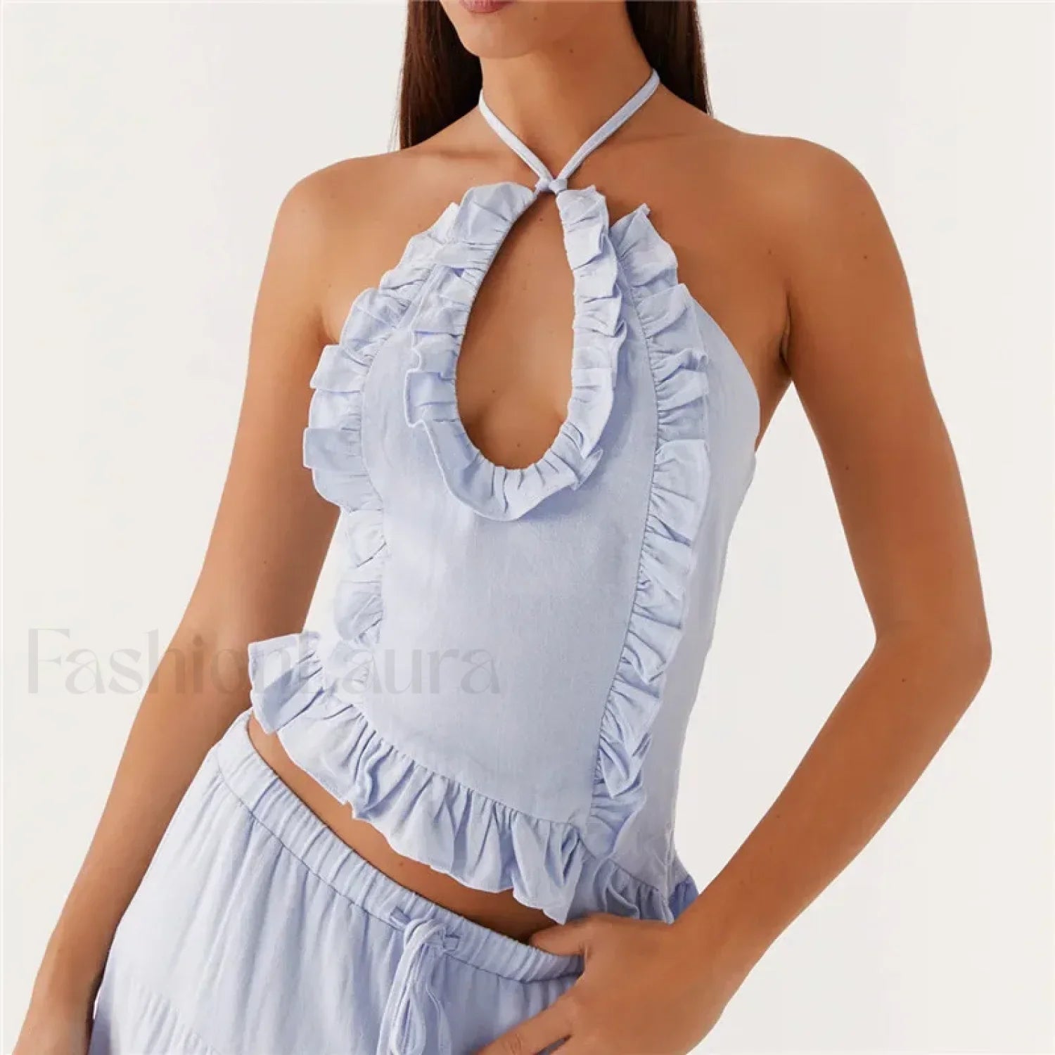 Ruffle Frill Cut Out Crop Top BLUE / S