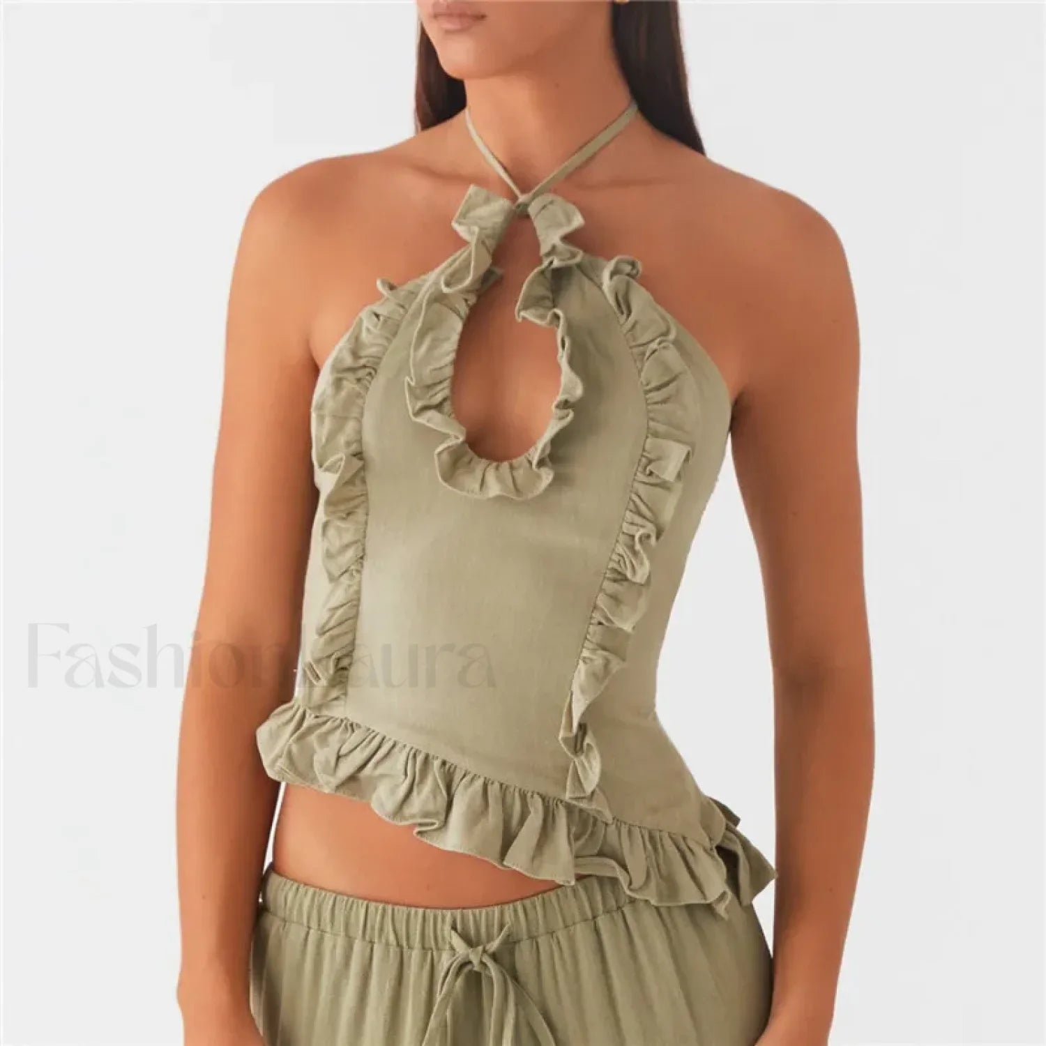 Ruffle Frill Cut Out Crop Top GREEN / S