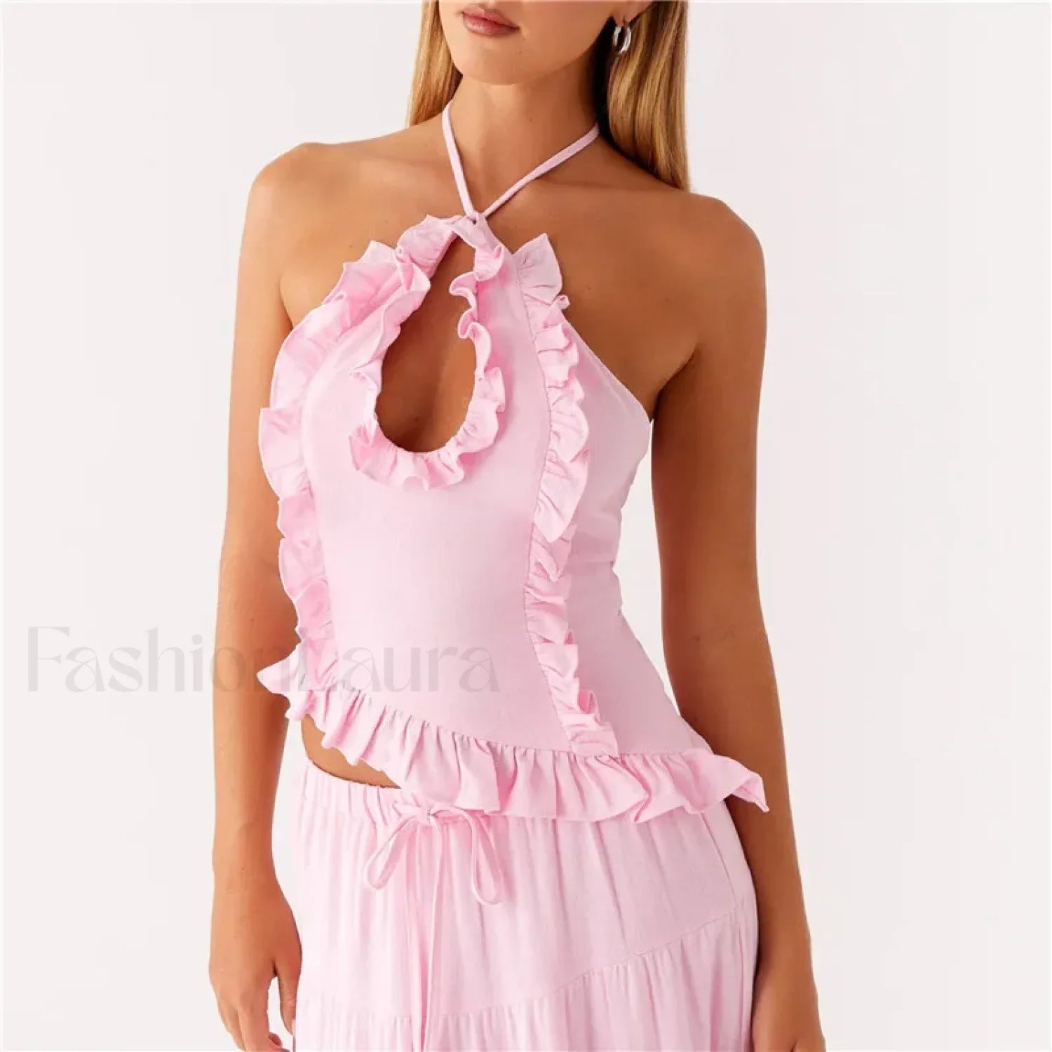 Ruffle Frill Cut Out Crop Top PINK / S