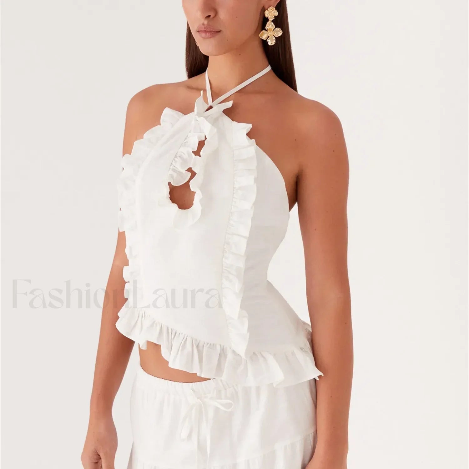 Ruffle Frill Cut Out Crop Top WHITE / S