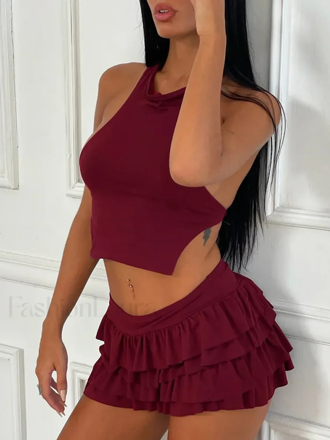 Ruffle Halter Mini Skirt Two Piece Set
