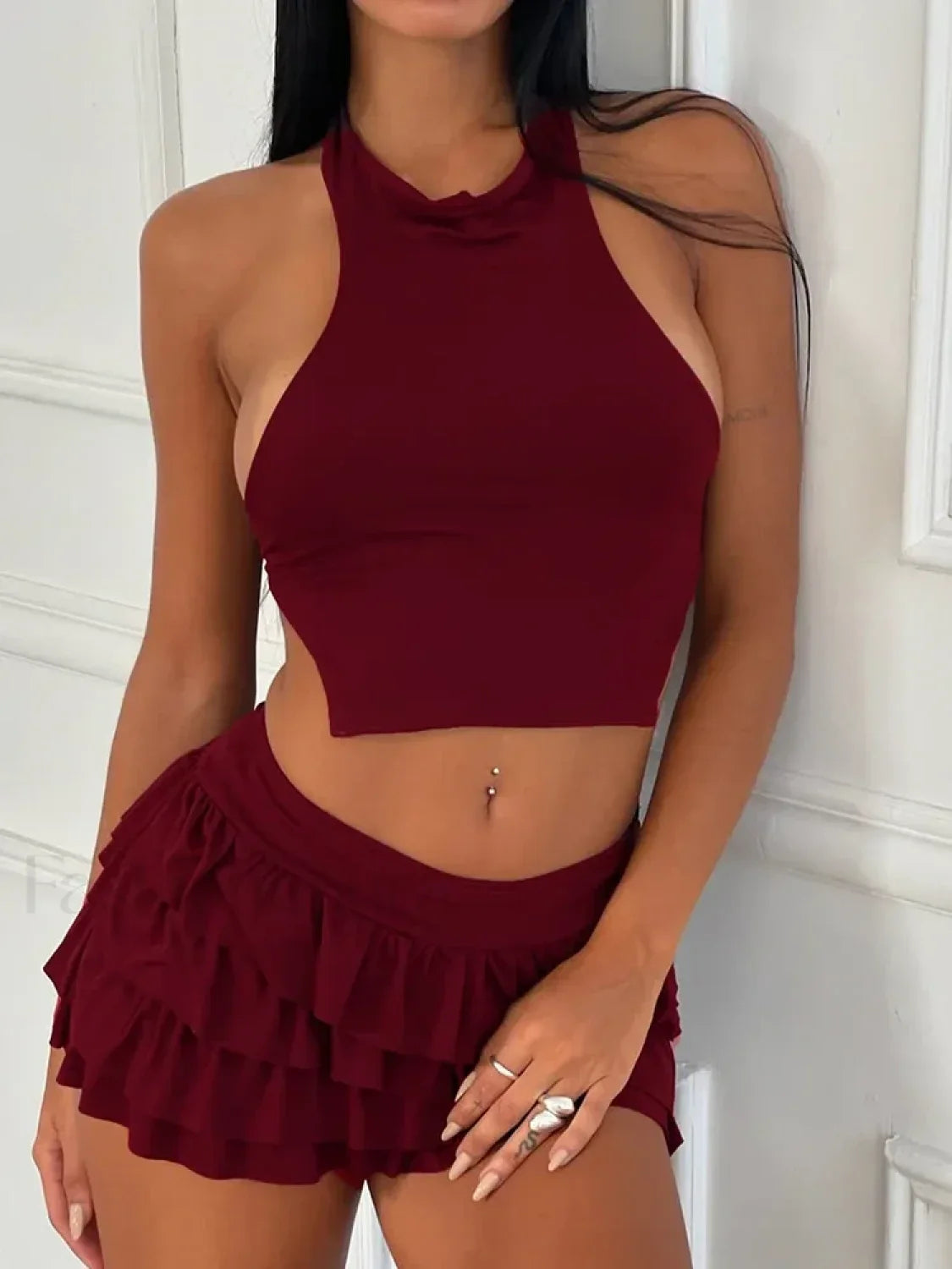 Ruffle Halter Mini Skirt Two Piece Set Wine / S