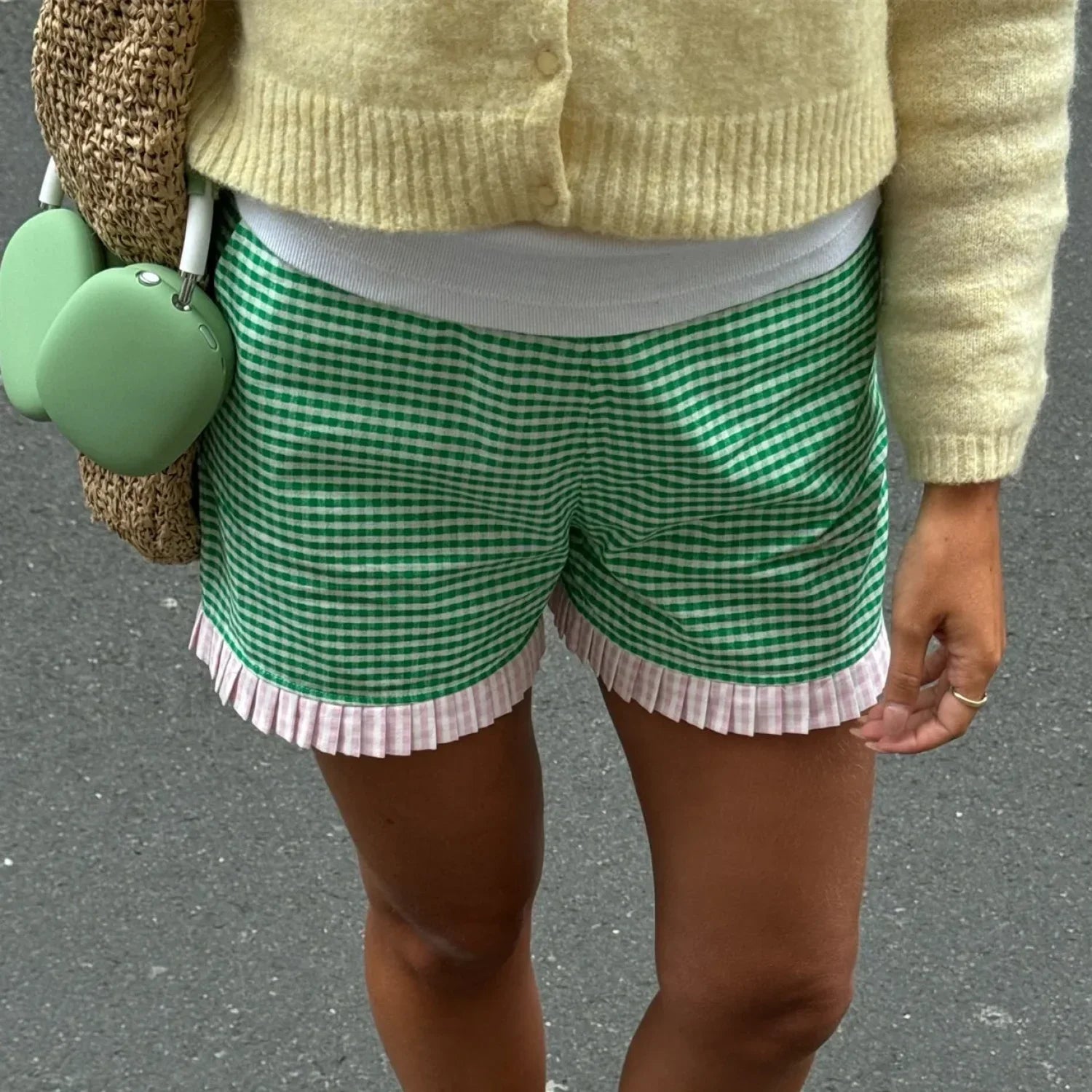 Ruffle Hem Boxer Plaid Print Elastic High Waist Loose Short