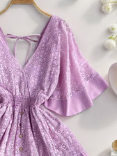 Lace Deep V Back Backless Ruffle Sleeve Mini Dress 12