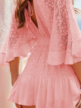 Lace Deep V Back Backless Ruffle Sleeve Mini Dress 9