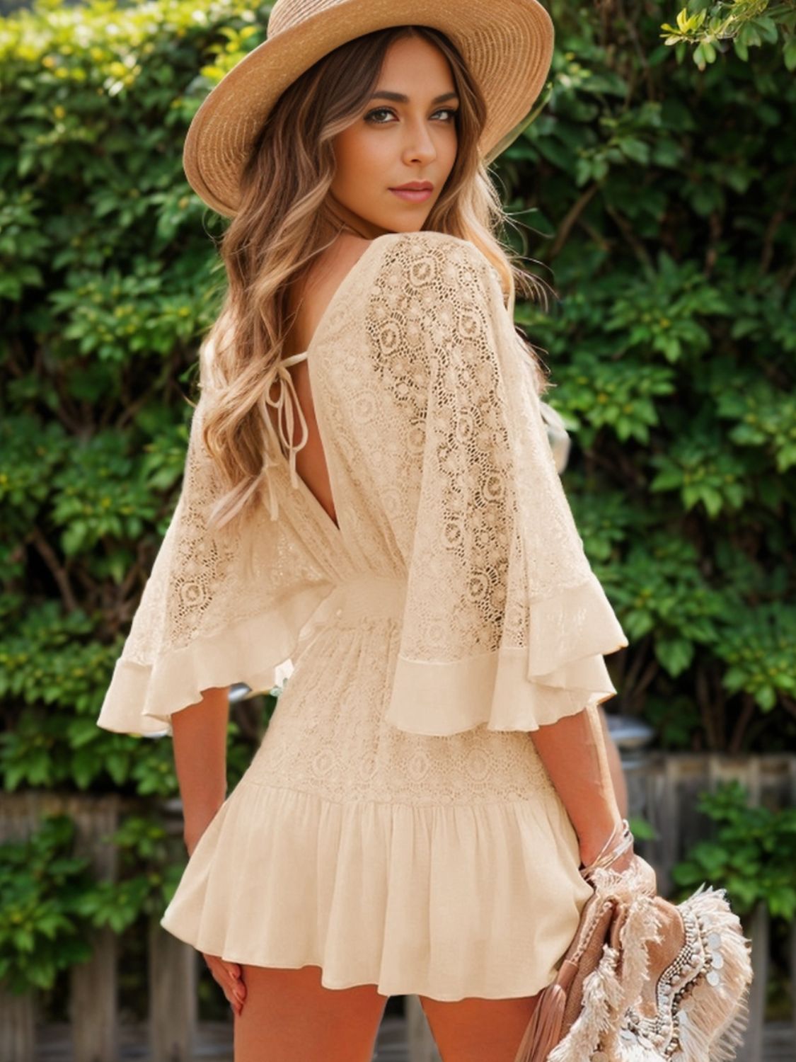 Lace Deep V Back Backless Ruffle Sleeve Mini Dress
