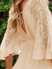 Lace Deep V Back Backless Ruffle Sleeve Mini Dress 3