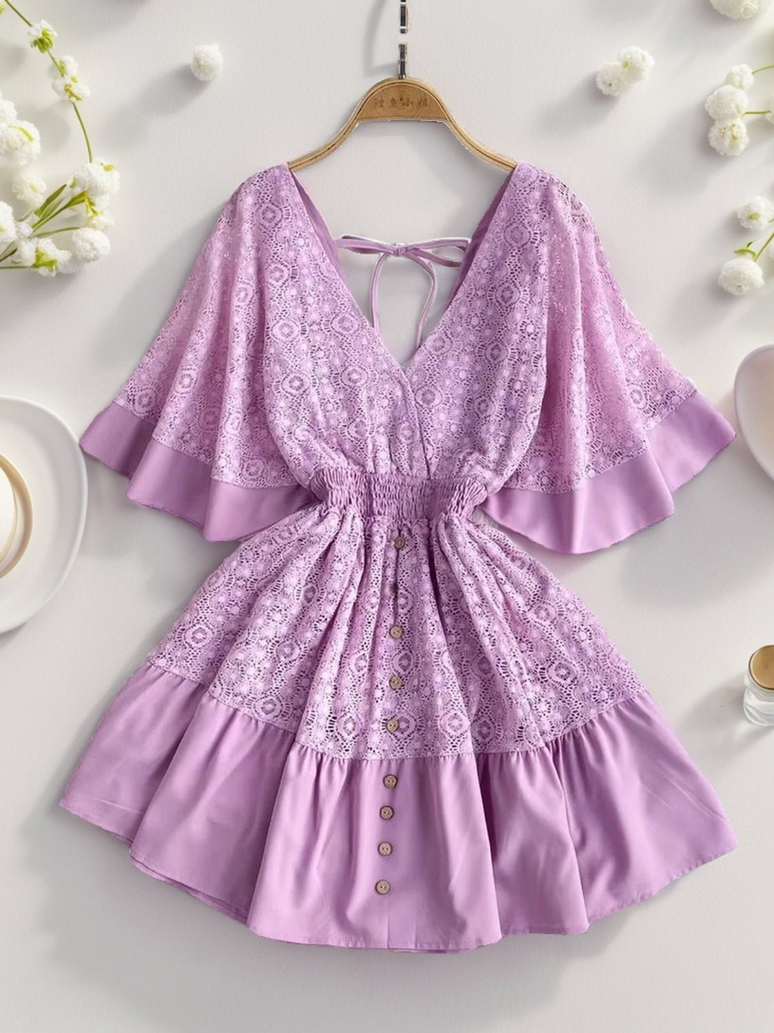 Lace Deep V Back Backless Ruffle Sleeve Mini Dress 10
