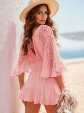Lace Deep V Back Backless Ruffle Sleeve Mini Dress 8