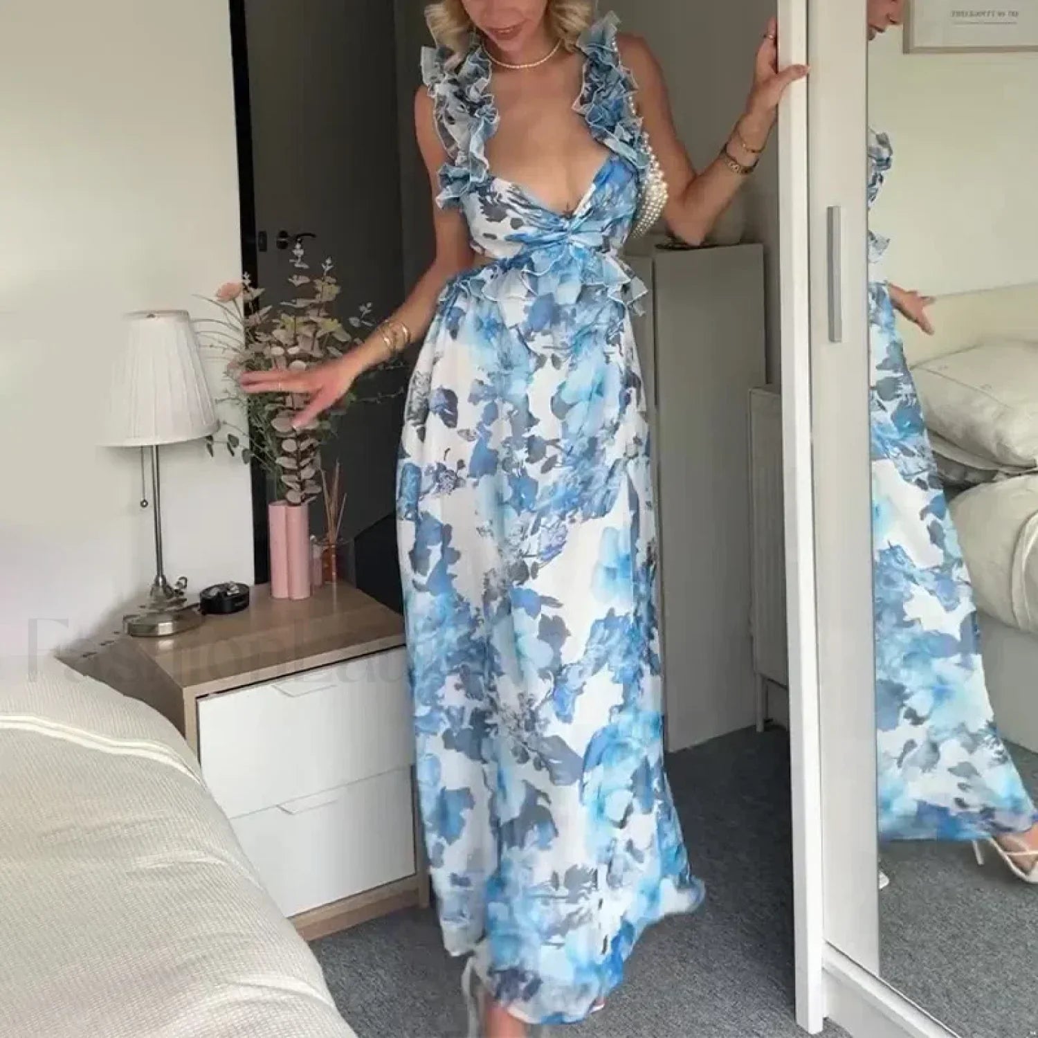 Ruffle Hem V-Neck Floral Dress