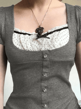 Ruffle Patchwork Buttoned Knit Top Gray / S Sweaters