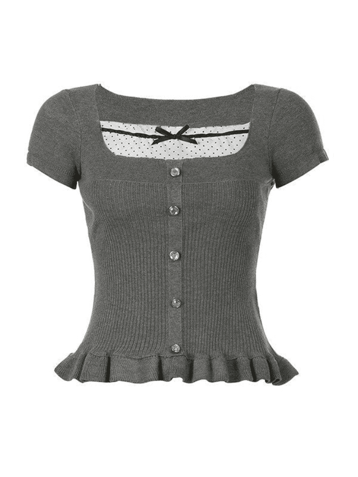 Square Neck Short Sleeve Polka Dot Ruffle Insert Button Front Ribbed Knit Top 8