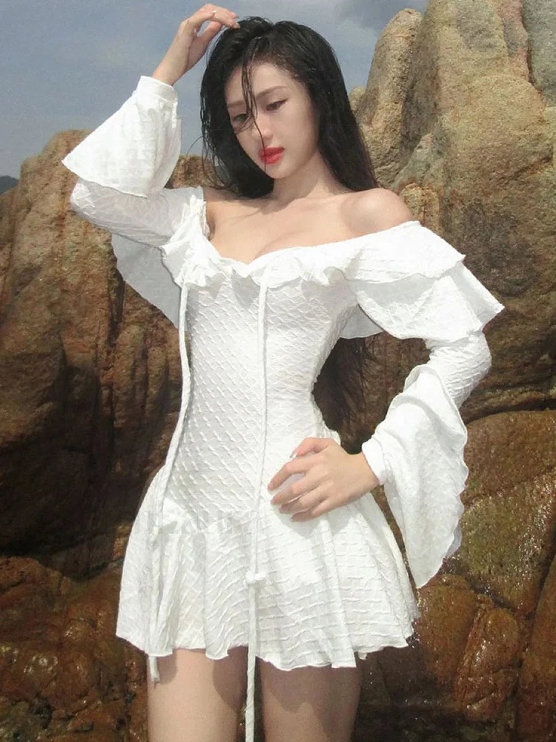 Ruffle Slash Neck Ribbon Mini Dress