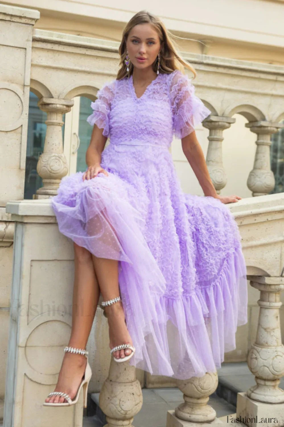 Ruffle Tiered Spotted Charming Tulle Maxi Dress