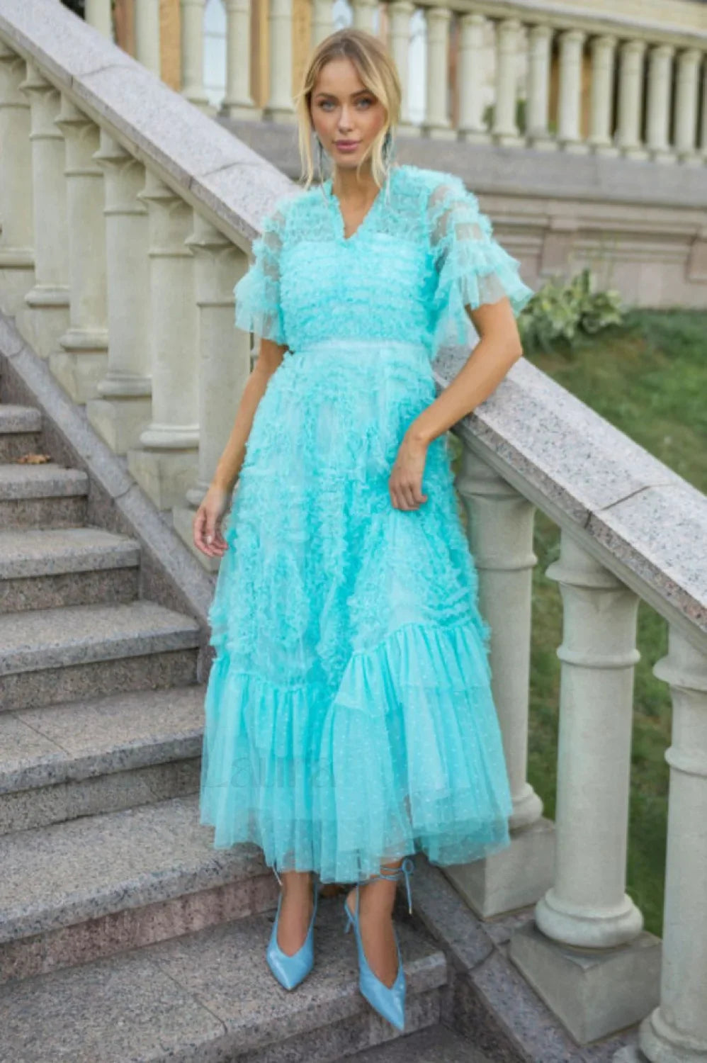 Ruffle Tiered Spotted Charming Tulle Maxi Dress