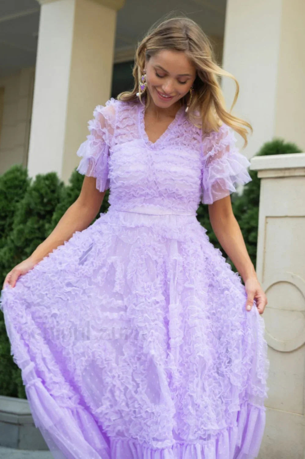 Ruffle Tiered Spotted Charming Tulle Maxi Dress