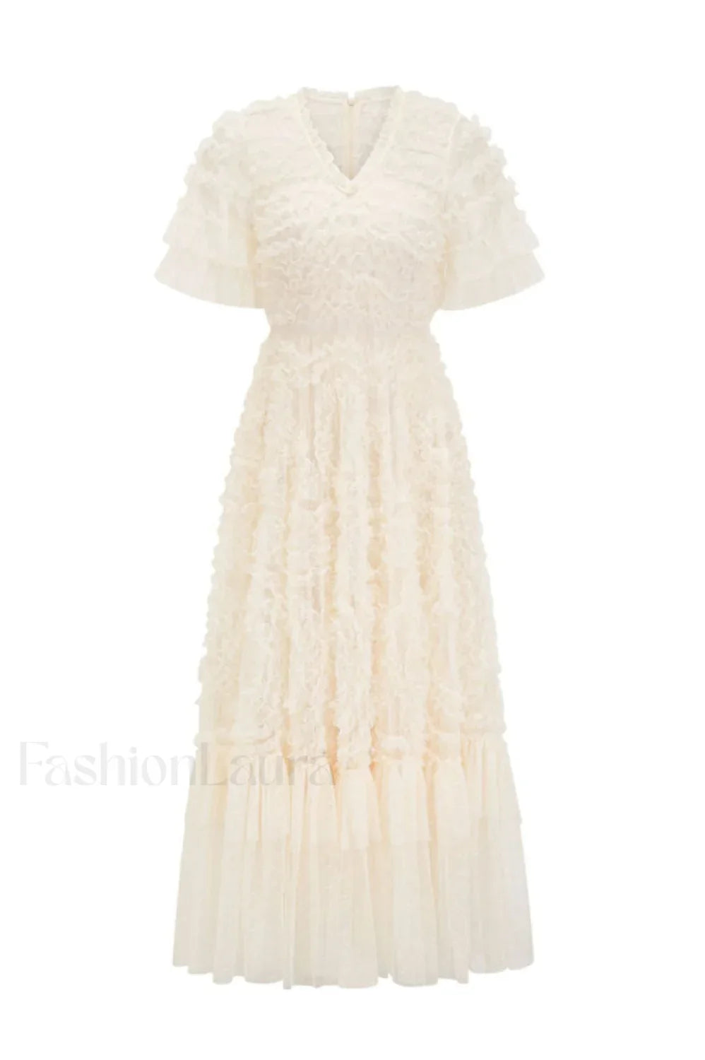 Ruffle Tiered Spotted Charming Tulle Maxi Dress S / Cream